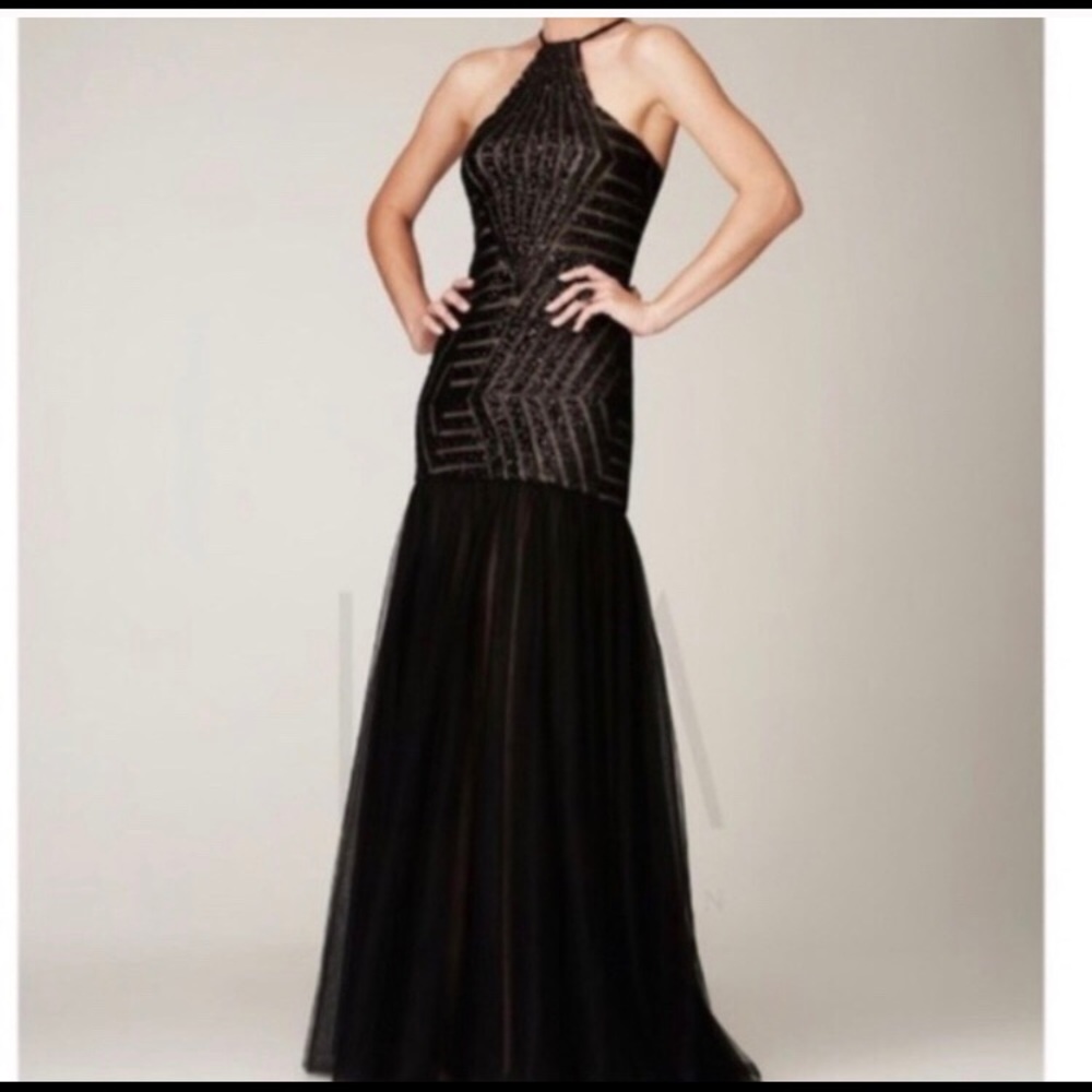 Mignon black sequin halter evening gown size 14